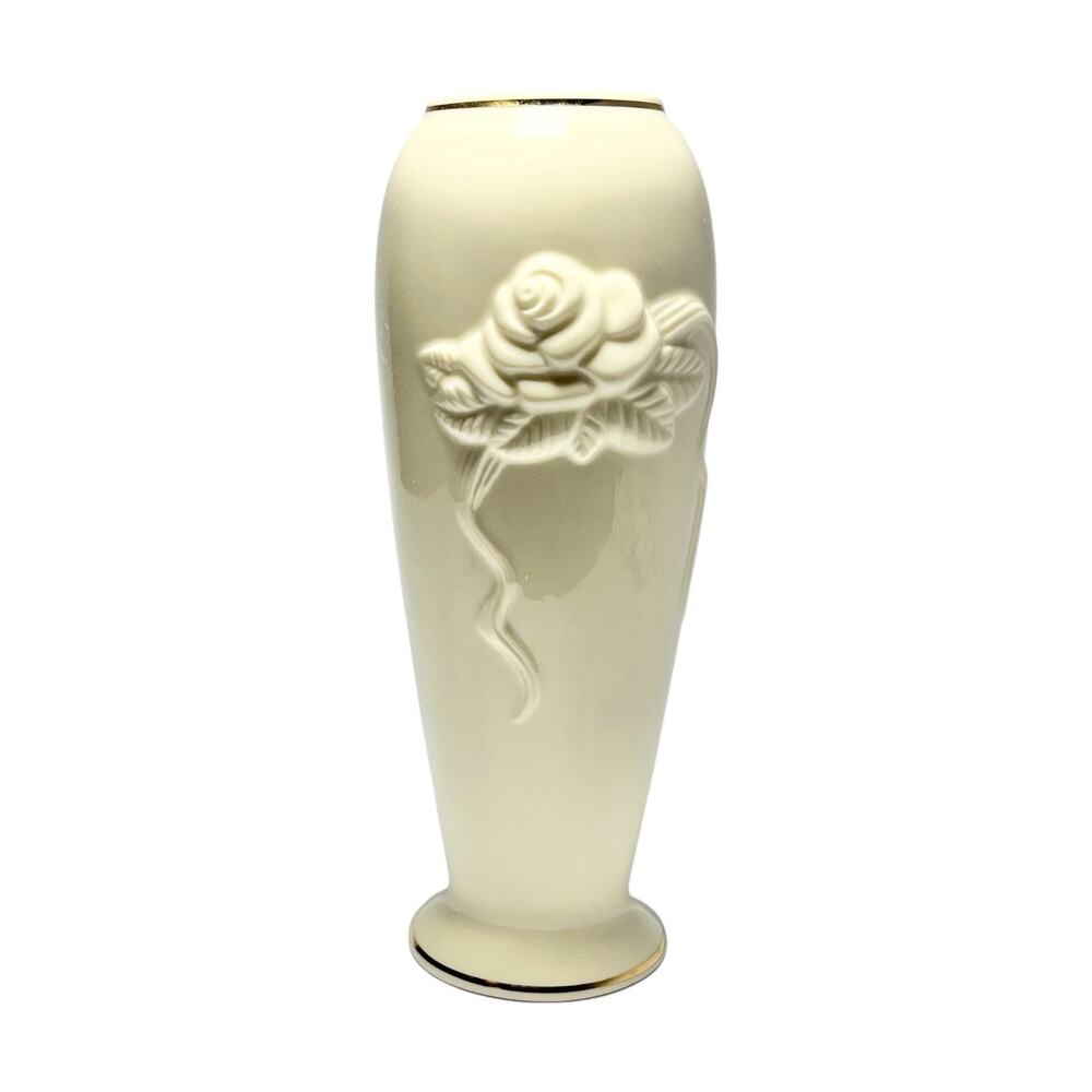 1980s Vintage Lenox Bone China Ivory & Gold Rim “Rose” Bud Vase 7 1/2”